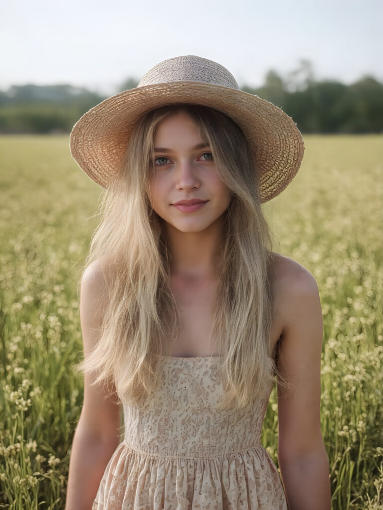 detailed and realistic, a cute adult girl, floral short sommer dress in a sunny green field, straw hat, long golden hair