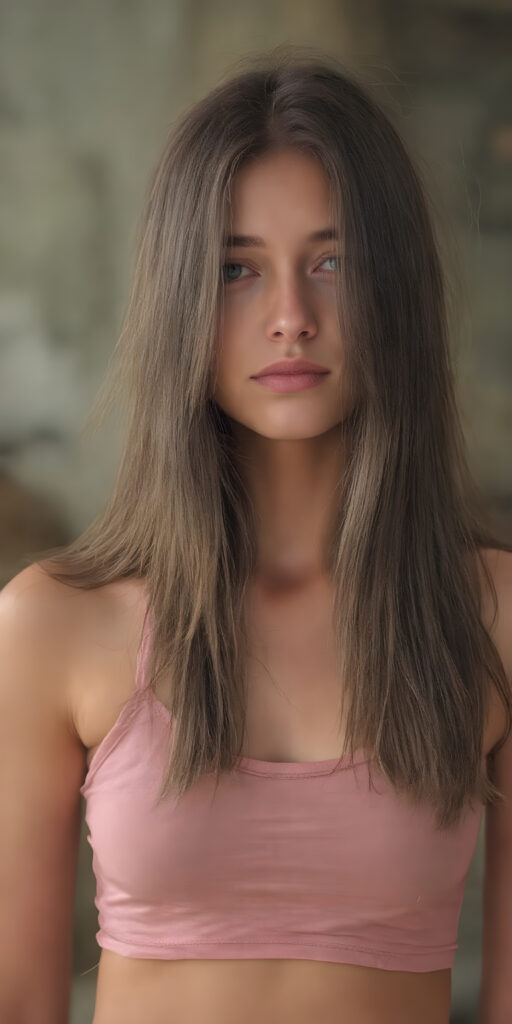 detailed and realistic ((full body image)) of a beautiful young adult tomboy ((girl)) (very long straight jet and soft brown hair) (cropped tank top) (stunning) (gorgeous)