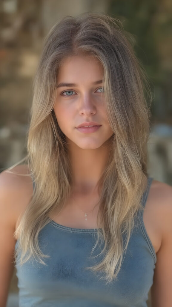 detailed and realistic portrait from a very cute ((tanned tomboy young teenage girl)), long wavy light brown hair, ((sunny summer backdrop), short cropped tank top support her perfect curvy body
