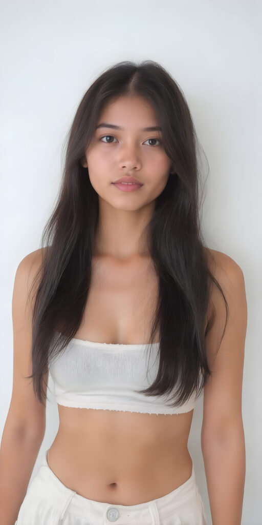 detailed and realistic photo from a cute young busty Filipino girl with long jet black hair, accentuating her (((navel))) with a (white cropped spaghetti tank top) made of fine wool, ((wide, baggy white pants, cut to frame her shape))