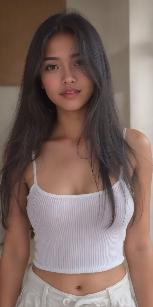 detailed and realistic photo from a cute young busty Filipino girl with long jet black hair, accentuating her (((navel))) with a (white cropped spaghetti tank top) made of fine wool, ((wide, baggy white pants, cut to frame her shape))