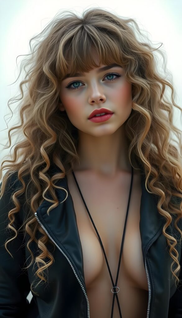 detailed and realistic photo from a young cute busty babe with long blond curly soft hair, with bangs, ((open black aviator jacket)), hazy white backdrop, ((beautiful colors)), red full plump lips.