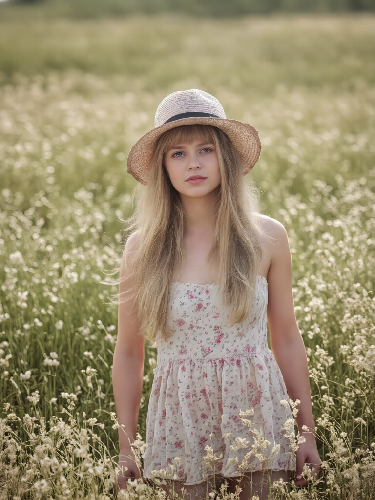 detailed and realistic, a cute adult girl, floral short sommer dress in a sunny green field, straw hat, long golden hair