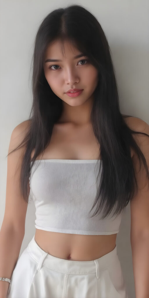detailed and realistic photo from a cute young busty Filipino girl with long jet black hair, accentuating her (((navel))) with a (white cropped spaghetti tank top) made of fine wool, ((wide, baggy white pants, cut to frame her shape))