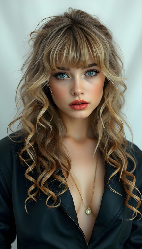 detailed and realistic photo from a young cute busty babe with long blond curly soft hair, with bangs, ((open black aviator jacket)), hazy white backdrop, ((beautiful colors)), red full plump lips.