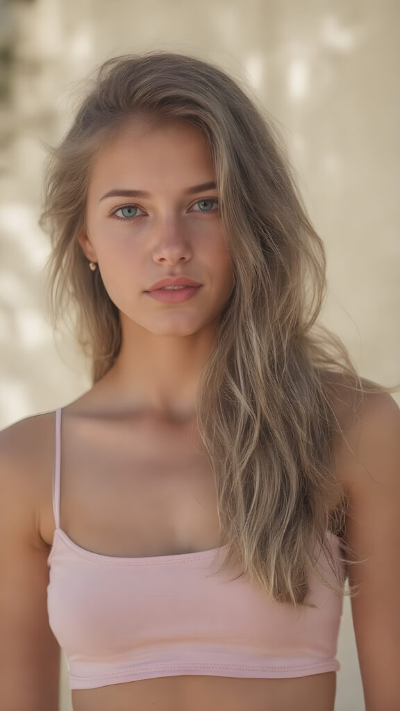 detailed and realistic portrait from a very cute ((tanned tomboy young teenage girl)), long wavy light brown hair, ((sunny summer backdrop), short cropped tank top support her perfect curvy body