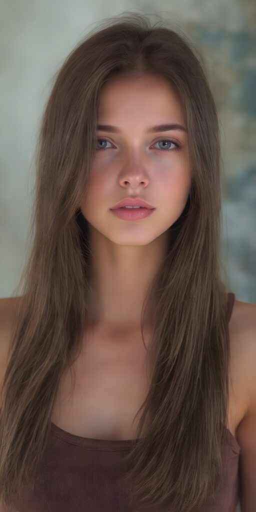 detailed and realistic ((full body image)) of a beautiful young adult tomboy ((girl)) (very long straight jet and soft brown hair) (cropped tank top) (stunning) (gorgeous)