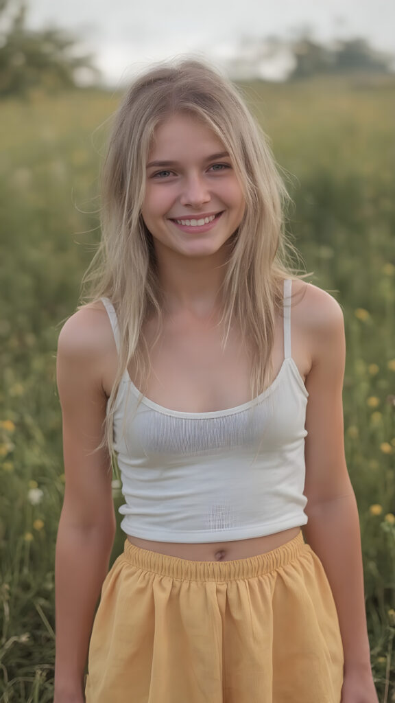 (detailed and super realistic) an adult tomboy girl with a thin white spaghetti Tank Top, long blonde hair and a yellow skirt stands on a meadow. She is happy, very happy, the top is short and she shows her cute round belly button