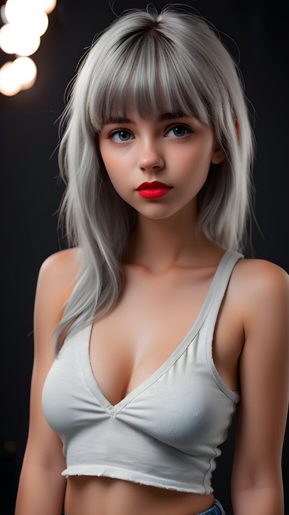 detailed and super realistic full body photo from the most enchanting and fascinating young and well busty teen girl, with ((straight soft light grey detailed hair, bangs)), she is wearing a ((thin short crop white tank top, deep v-neck)) and tight light blue denim (((hot-shorts))) that are ripped in the rear which emphasizes her perfectly formed body, she looks seductively at the viewer and has beautiful (red lips) ((black backdrop)), perfect lights and shadows