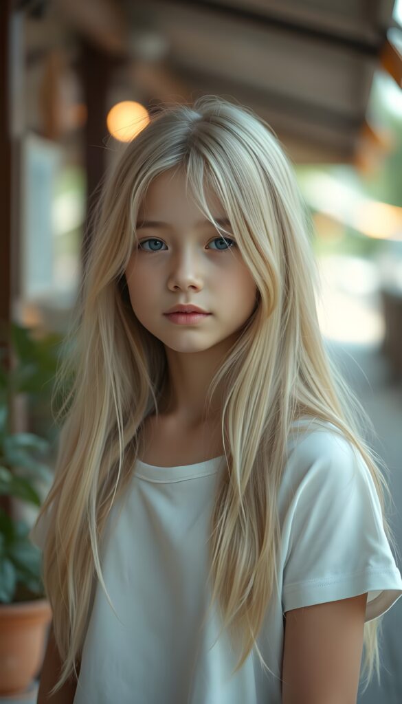 detailed and super realistic photo: a cute young girl with long, soft blond hair, she wears a plain short white t-shirt