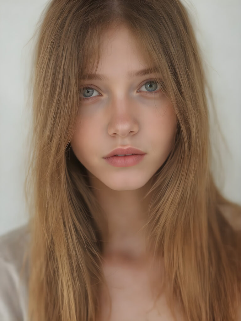 detailed and super realistic photo from the most enchanting and fascinating teen model girl, with ((long, straight soft copper hair)) and ((realistic amber eyes)), she looks seductively at the viewer and has beautiful (red lips) ((minimal backdrop))