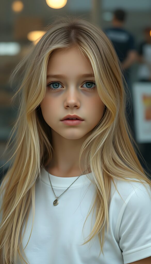 detailed and super realistic photo: a cute young girl with long, soft blond hair, she wears a plain short white t-shirt