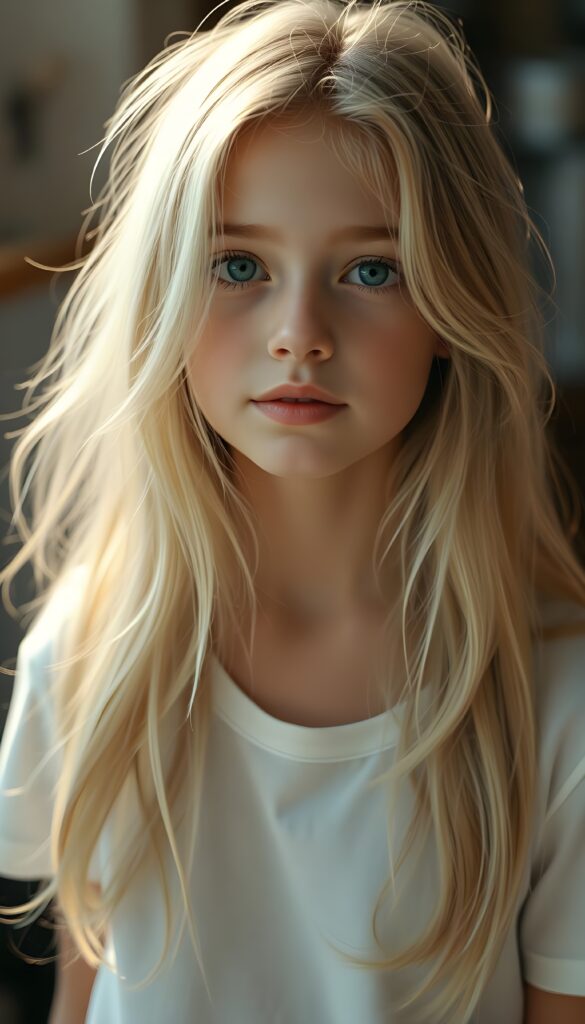 detailed and super realistic photo: a cute young girl with long, soft blond hair, she wears a plain short white t-shirt