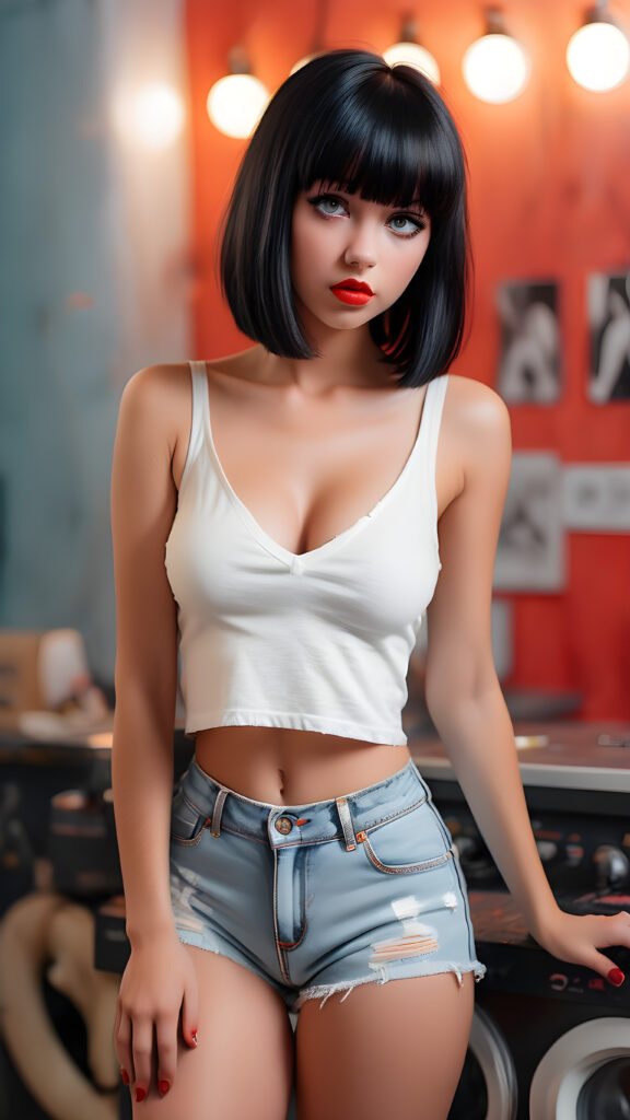 detailed and super realistic photo from the most enchanting and fascinating young and well busty teen model girl, with ((straight soft black hair, bangs and bob cut)) and ((realistic amber eyes)), the hair covers her forehead, she is wearing a ((thin short crop white tank top, deep v-neck)) and tight light blue denim (((hot-shorts))) that are ripped in the rear which emphasizes her perfectly formed body, she looks seductively at the viewer and has beautiful (red lips) ((minimal backdrop))