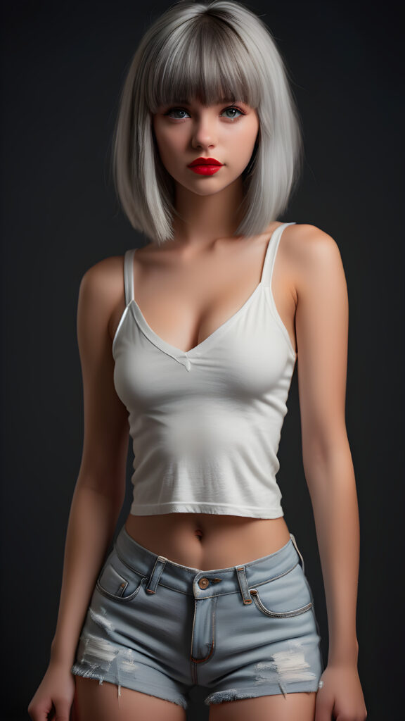 detailed and super realistic full body photo from the most enchanting and fascinating young and well busty teen girl, with ((straight soft light grey detailed hair, bangs)), she is wearing a ((thin short crop white tank top, deep v-neck)) and tight light blue denim (((hot-shorts))) that are ripped in the rear which emphasizes her perfectly formed body, she looks seductively at the viewer and has beautiful (red lips) ((black backdrop)), perfect lights and shadows