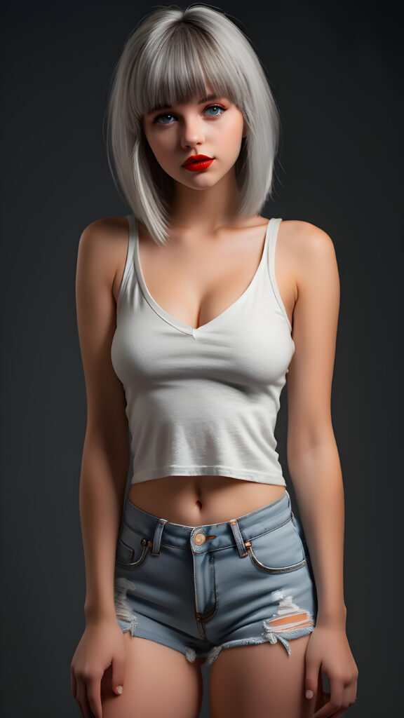 detailed and super realistic full body photo from the most enchanting and fascinating young and well busty teen girl, with ((straight soft light grey detailed hair, bangs)), she is wearing a ((thin short crop white tank top, deep v-neck)) and tight light blue denim (((hot-shorts))) that are ripped in the rear which emphasizes her perfectly formed body, she looks seductively at the viewer and has beautiful (red lips) ((black backdrop)), perfect lights and shadows