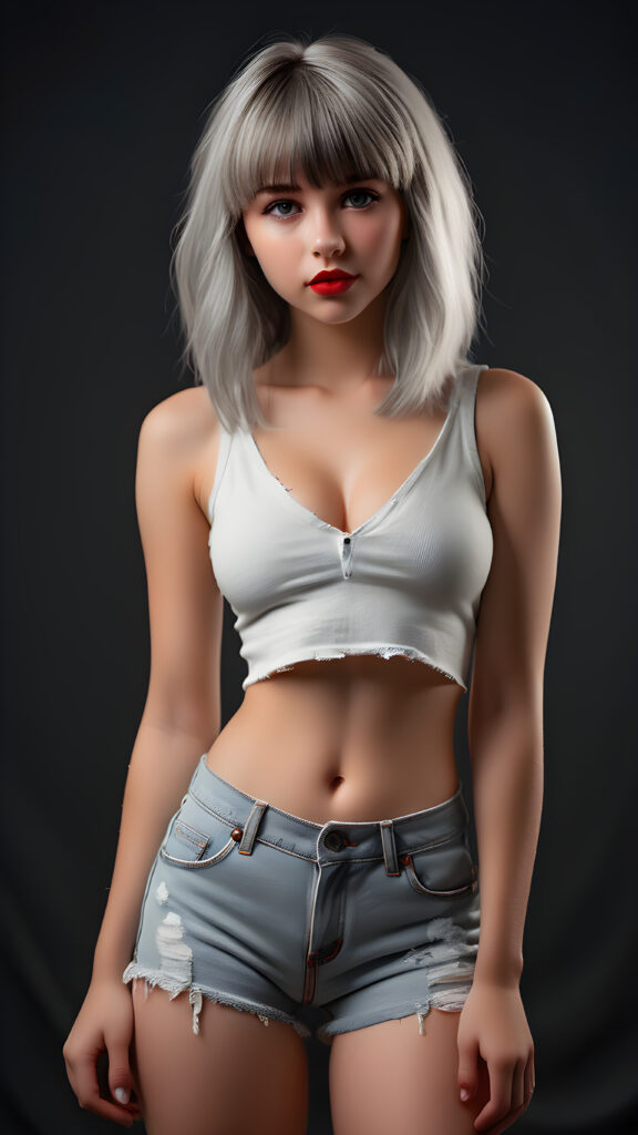 detailed and super realistic full body photo from the most enchanting and fascinating young and well busty teen girl, with ((straight soft light grey detailed hair, bangs)), she is wearing a ((thin short crop white tank top, deep v-neck)) and tight light blue denim (((hot-shorts))) that are ripped in the rear which emphasizes her perfectly formed body, she looks seductively at the viewer and has beautiful (red lips) ((black backdrop)), perfect lights and shadows