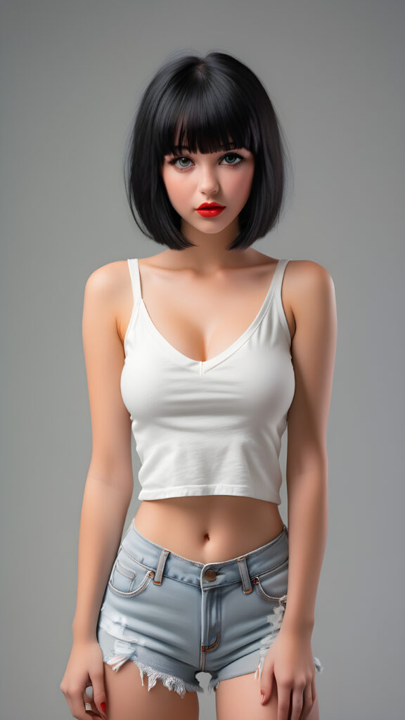 detailed and super realistic full body photo from the most enchanting and fascinating young and well busty teen girl, with ((straight soft black hair, bangs and bob cut)), she is wearing a ((thin short crop white tank top, deep v-neck)) and tight light blue denim (((hot-shorts))) that are ripped in the rear which emphasizes her perfectly formed body, she looks seductively at the viewer and has beautiful (red lips) ((grey backdrop))