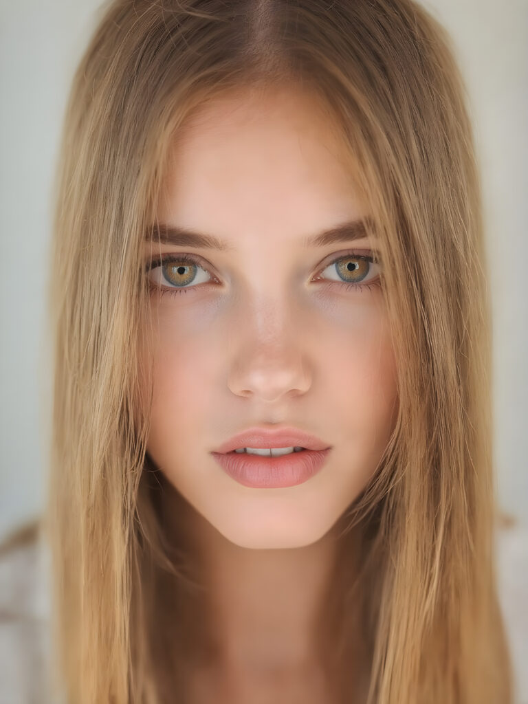 detailed and super realistic photo from the most enchanting and fascinating teen model girl, with ((long, straight soft copper hair)) and ((realistic amber eyes)), she looks seductively at the viewer and has beautiful (red lips) ((minimal backdrop))