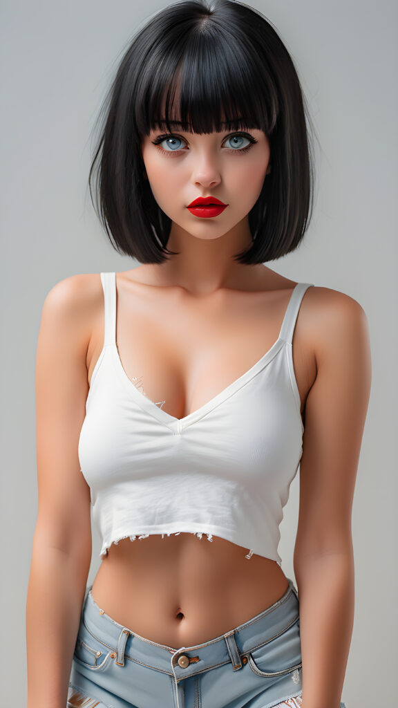detailed and super realistic photo from the most enchanting and fascinating young and well busty teen model girl, with ((straight soft black hair, bangs and bob cut)) and ((realistic amber eyes)), the hair covers her forehead, she is wearing a ((thin short crop white tank top, deep v-neck)) and tight light blue denim (((hot-shorts))) that are ripped in the rear which emphasizes her perfectly formed body, she looks seductively at the viewer and has beautiful (red lips) ((minimal backdrop))