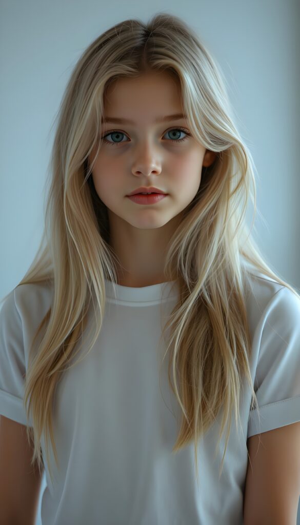 detailed and super realistic photo: a cute young girl with long, soft blond hair, she wears a plain short white t-shirt