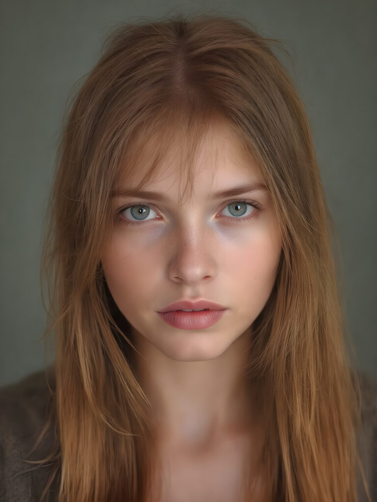 detailed and super realistic photo from the most enchanting and fascinating teen model girl, with ((long, straight soft copper hair)) and ((realistic amber eyes)), she looks seductively at the viewer and has beautiful (red lips) ((minimal backdrop))