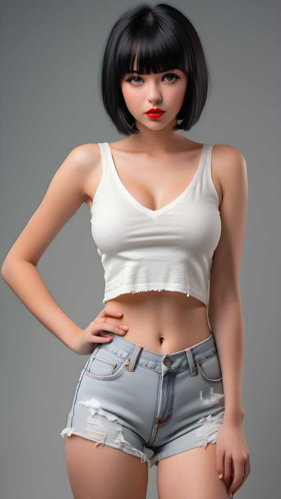 detailed and super realistic full body photo from the most enchanting and fascinating young and well busty teen girl, with ((straight soft black hair, bangs and bob cut)), she is wearing a ((thin short crop white tank top, deep v-neck)) and tight light blue denim (((hot-shorts))) that are ripped in the rear which emphasizes her perfectly formed body, she looks seductively at the viewer and has beautiful (red lips) ((grey backdrop))