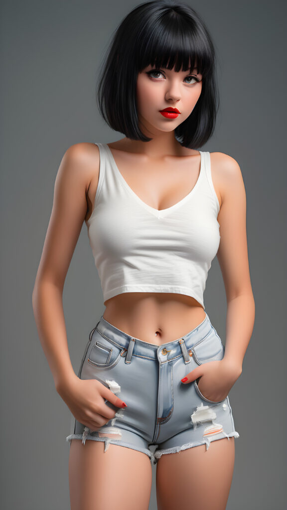 detailed and super realistic full body photo from the most enchanting and fascinating young and well busty teen girl, with ((straight soft black hair, bangs and bob cut)), she is wearing a ((thin short crop white tank top, deep v-neck)) and tight light blue denim (((hot-shorts))) that are ripped in the rear which emphasizes her perfectly formed body, she looks seductively at the viewer and has beautiful (red lips) ((grey backdrop))