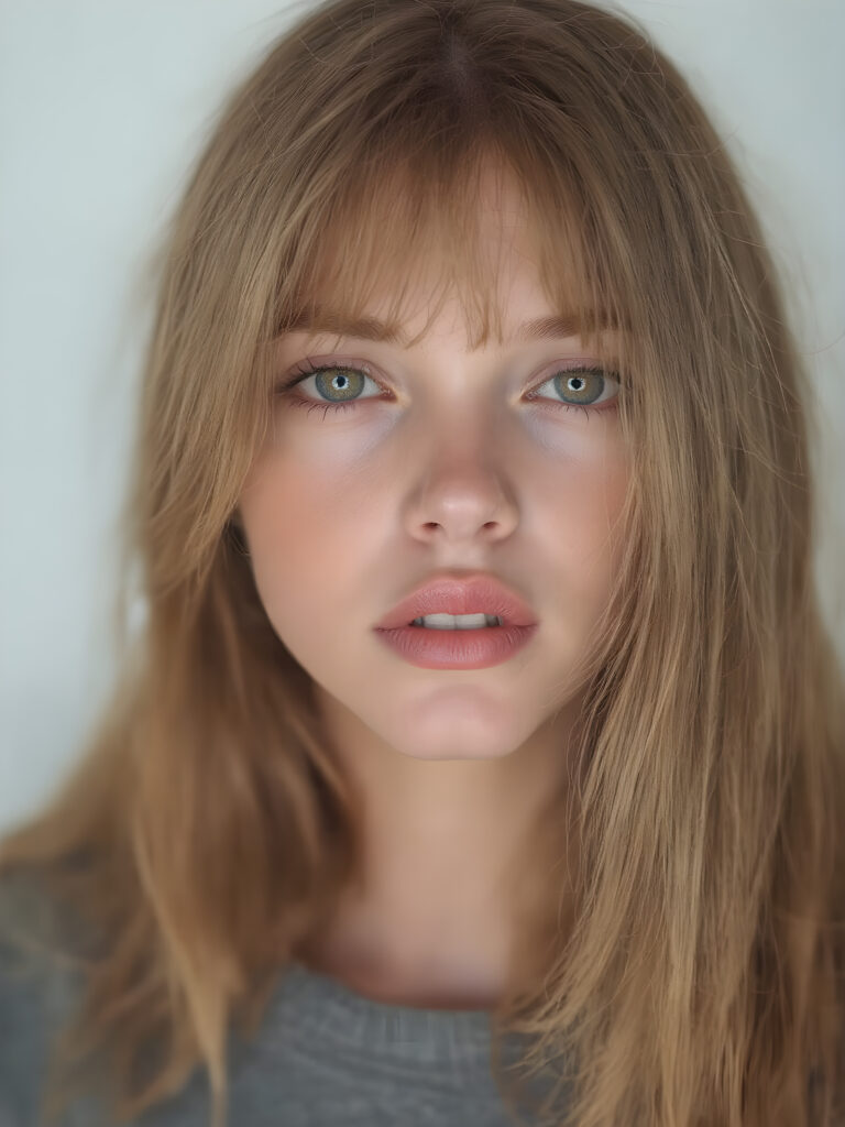 detailed and super realistic photo from the most enchanting and fascinating teen model girl, with ((long, straight soft copper hair)) and ((realistic amber eyes)), she looks seductively at the viewer and has beautiful (red lips) ((minimal backdrop))