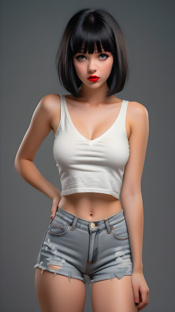 detailed and super realistic full body photo from the most enchanting and fascinating young and well busty teen girl, with ((straight soft black hair, bangs and bob cut)), she is wearing a ((thin short crop white tank top, deep v-neck)) and tight light blue denim (((hot-shorts))) that are ripped in the rear which emphasizes her perfectly formed body, she looks seductively at the viewer and has beautiful (red lips) ((grey backdrop))