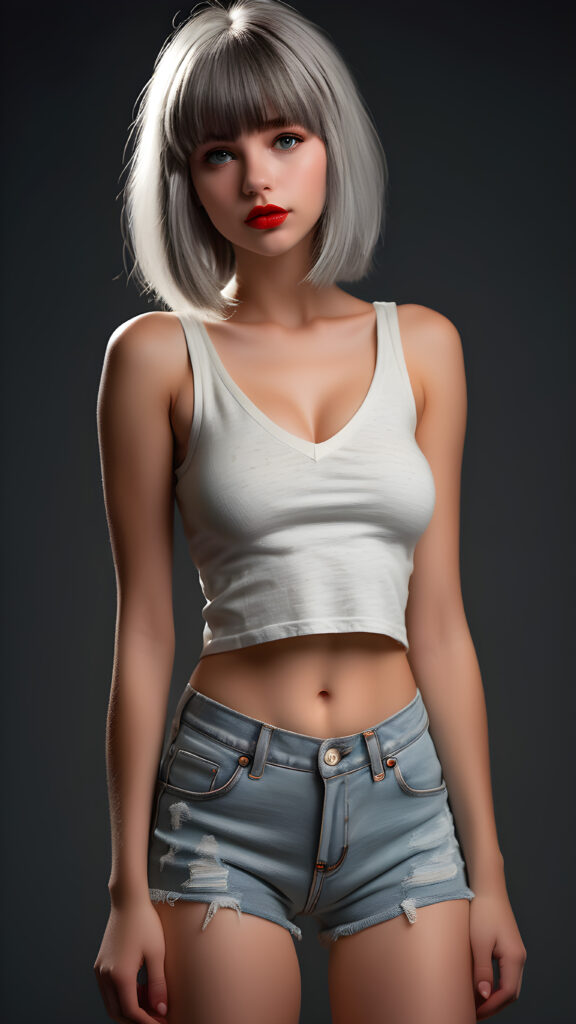 detailed and super realistic full body photo from the most enchanting and fascinating young and well busty teen girl, with ((straight soft light grey detailed hair, bangs)), she is wearing a ((thin short crop white tank top, deep v-neck)) and tight light blue denim (((hot-shorts))) that are ripped in the rear which emphasizes her perfectly formed body, she looks seductively at the viewer and has beautiful (red lips) ((black backdrop)), perfect lights and shadows