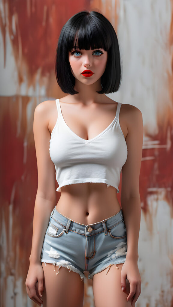 detailed and super realistic photo from the most enchanting and fascinating young and well busty teen model girl, with ((straight soft black hair, bangs and bob cut)) and ((realistic amber eyes)), the hair covers her forehead, she is wearing a ((thin short crop white tank top, deep v-neck)) and tight light blue denim (((hot-shorts))) that are ripped in the rear which emphasizes her perfectly formed body, she looks seductively at the viewer and has beautiful (red lips) ((minimal backdrop))