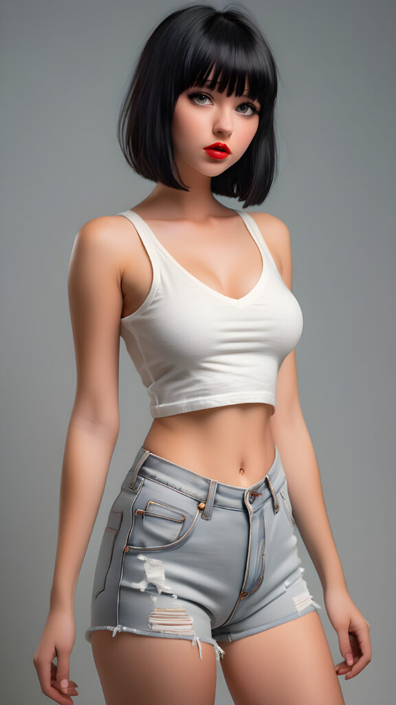 detailed and super realistic full body photo from the most enchanting and fascinating young and well busty teen girl, with ((straight soft black hair, bangs and bob cut)), she is wearing a ((thin short crop white tank top, deep v-neck)) and tight light blue denim (((hot-shorts))) that are ripped in the rear which emphasizes her perfectly formed body, she looks seductively at the viewer and has beautiful (red lips) ((grey backdrop))