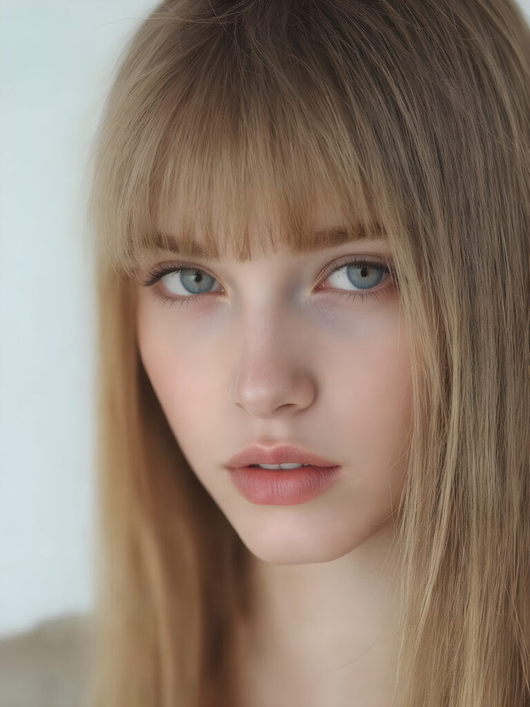detailed and super realistic photo from the most enchanting and fascinating teen model girl, with ((long, straight soft copper hair)) and ((realistic amber eyes)), she looks seductively at the viewer and has beautiful (red lips) ((minimal backdrop))
