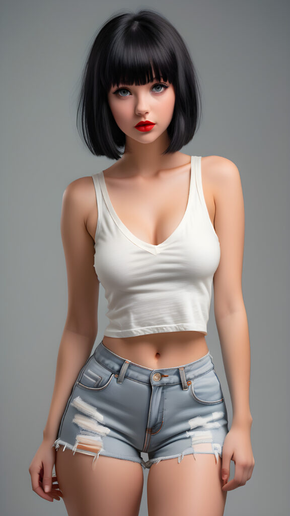 detailed and super realistic full body photo from the most enchanting and fascinating young and well busty teen girl, with ((straight soft black hair, bangs and bob cut)), she is wearing a ((thin short crop white tank top, deep v-neck)) and tight light blue denim (((hot-shorts))) that are ripped in the rear which emphasizes her perfectly formed body, she looks seductively at the viewer and has beautiful (red lips) ((grey backdrop))