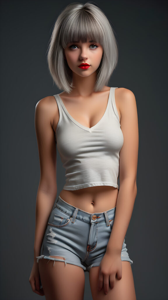 detailed and super realistic full body photo from the most enchanting and fascinating young and well busty teen girl, with ((straight soft light grey detailed hair, bangs)), she is wearing a ((thin short crop white tank top, deep v-neck)) and tight light blue denim (((hot-shorts))) that are ripped in the rear which emphasizes her perfectly formed body, she looks seductively at the viewer and has beautiful (red lips) ((black backdrop)), perfect lights and shadows
