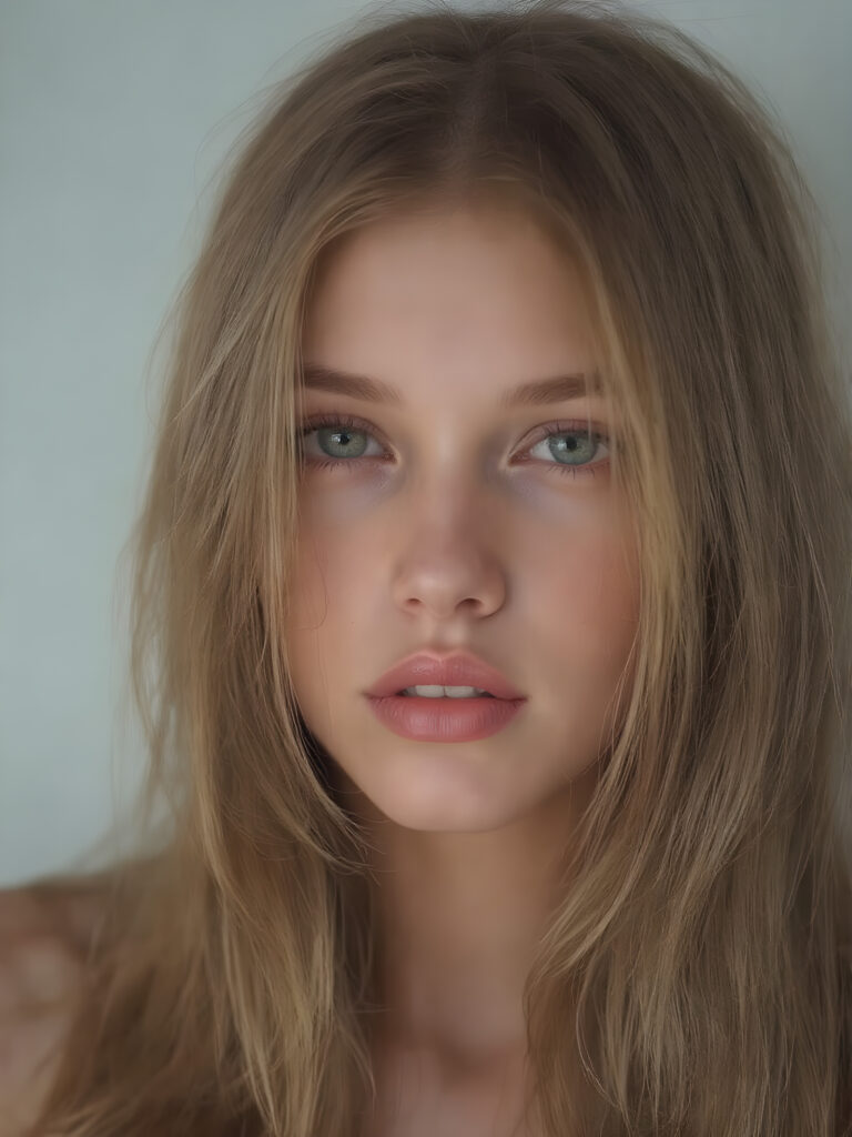 detailed and super realistic photo from the most enchanting and fascinating teen model girl, with ((long, straight soft copper hair)) and ((realistic amber eyes)), she looks seductively at the viewer and has beautiful (red lips) ((minimal backdrop))