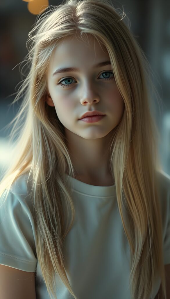 detailed and super realistic photo: a cute young girl with long, soft blond hair, she wears a plain short white t-shirt