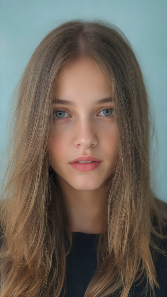 detailed centered portrait from a girl with long, brown and black tones, super straight medium-length soft hair, soft face, big brown eyes, red lips, blue background