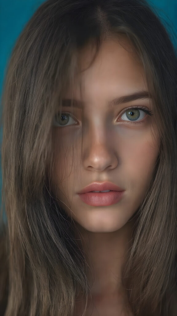 detailed centered portrait from a girl with long, brown and black tones, super straight medium-length soft hair, soft face, big brown eyes, red lips, blue background
