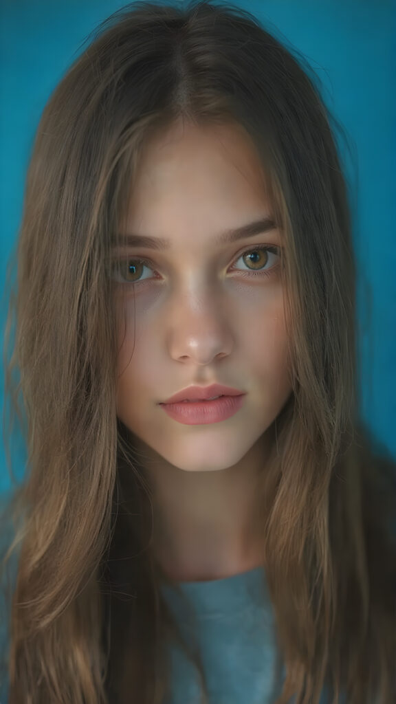 detailed centered portrait from a girl with long, brown and black tones, super straight medium-length soft hair, soft face, big brown eyes, red lips, blue background