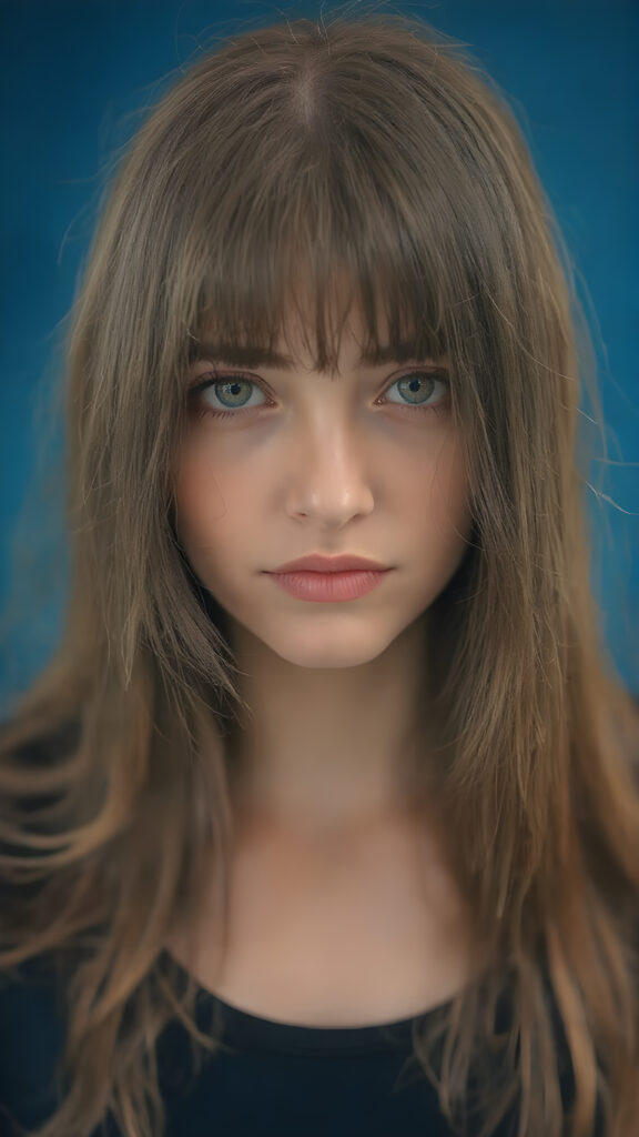 detailed centered portrait from a girl with long, brown and black tones, super straight medium-length soft hair, soft face, big brown eyes, red lips, blue background