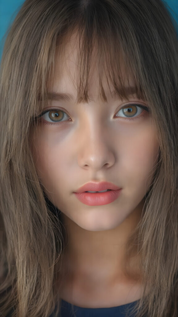 detailed centered portrait from a girl with long, brown and black tones, super straight medium-length soft hair, soft face, big brown eyes, red lips, blue background