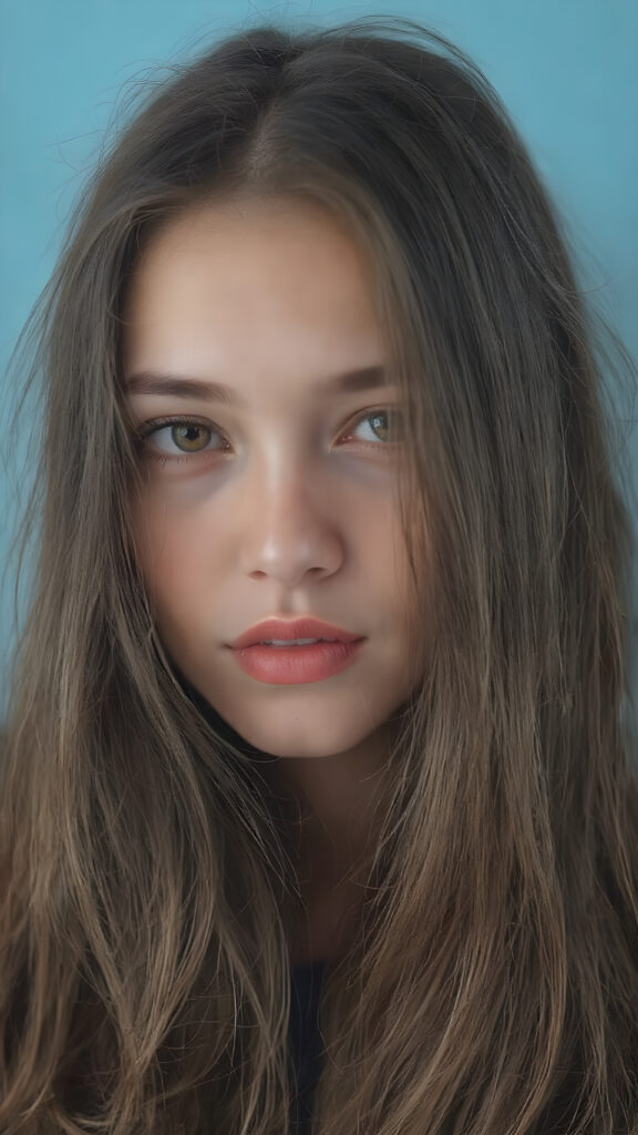 detailed centered portrait from a girl with long, brown and black tones, super straight medium-length soft hair, soft face, big brown eyes, red lips, blue background