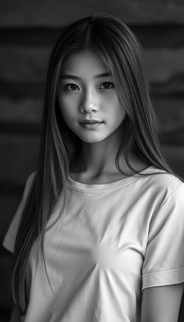 (detailed grayscale) portrait and a pencil drawing of a girl, 18 years old ((cute)) ((stunning)) ((gorgeous)) ((detailed)), long straight open hair, round face, wears a plain t-shirt, perfect curved female body, no necklace