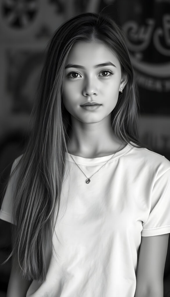 (detailed grayscale) portrait and a pencil drawing of a girl, 18 years old ((cute)) ((stunning)) ((gorgeous)) ((detailed)), long straight open hair, round face, wears a plain t-shirt, perfect curved female body, no necklace