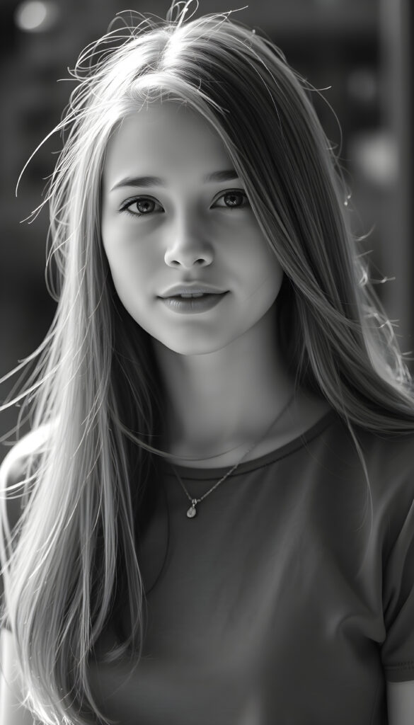 (detailed grayscale) portrait and a pencil drawing of a girl, 18 years old ((cute)) ((stunning)) ((gorgeous)) ((detailed)), long straight open hair, round face, wears a plain t-shirt, perfect curved female body, no necklace