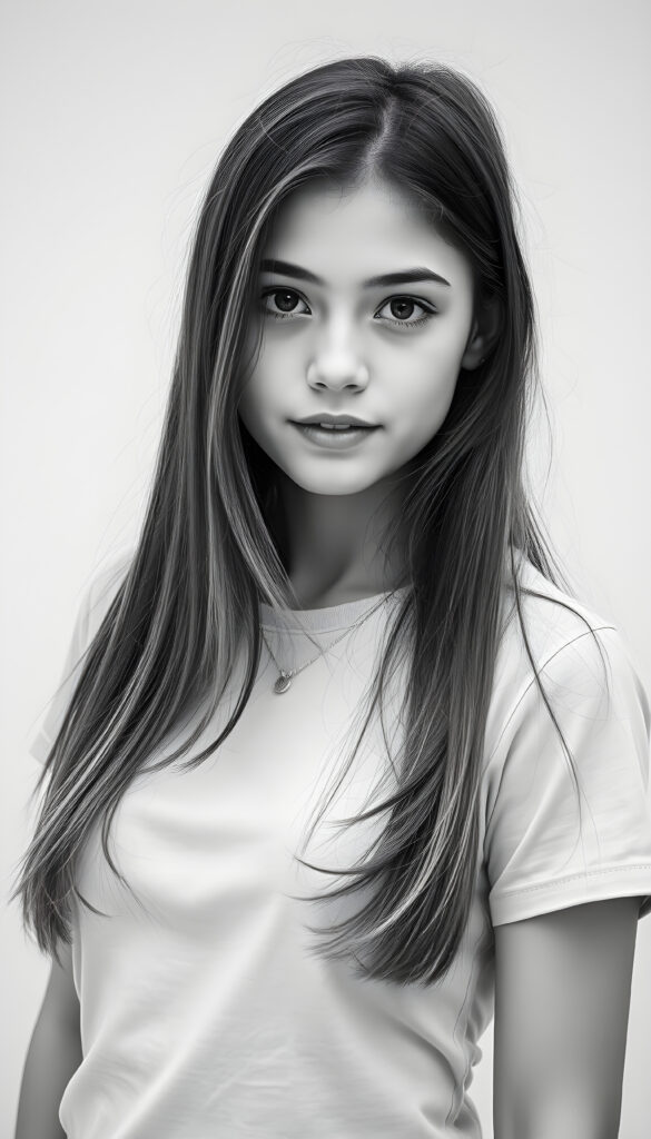 (detailed grayscale) portrait and a pencil drawing of a girl, 18 years old ((cute)) ((stunning)) ((gorgeous)) ((detailed)), long straight open hair, round face, wears a plain t-shirt, perfect curved female body, no necklace