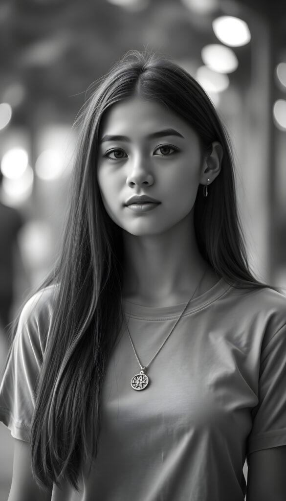 (detailed grayscale) portrait and a pencil drawing of a girl, 18 years old ((cute)) ((stunning)) ((gorgeous)) ((detailed)), long straight open hair, round face, wears a plain t-shirt, perfect curved female body, no necklace