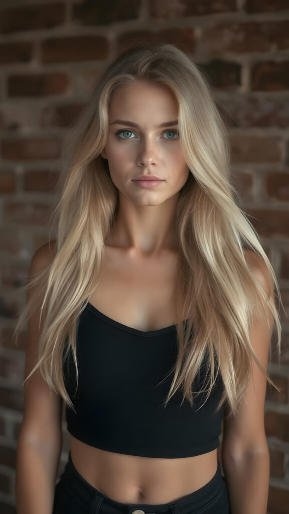detailed photo from a young well busty girl, wearing black tight cropped tank top with a deep v-neck, flowing long blond hair shine with bright light, against the background of a brick wall